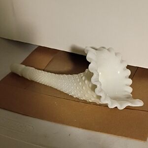 Fenton White Hobnail Cornucopia Vase